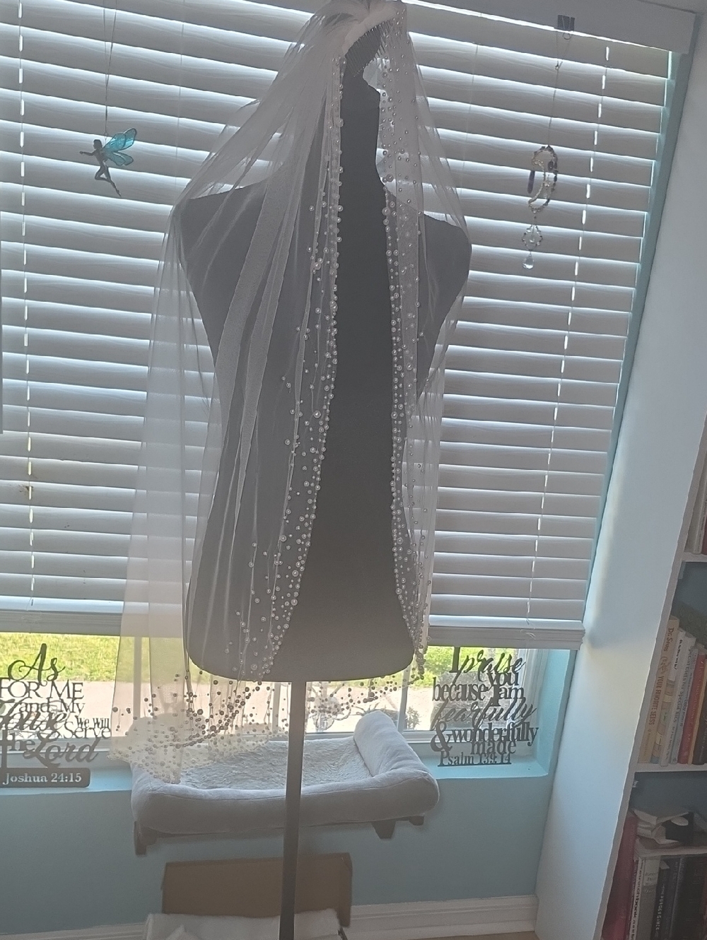 Pearl-Embellished White Bridal Veil